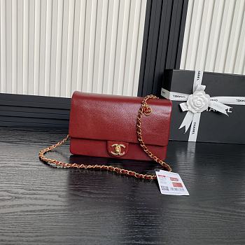 Fortok Chanel 24K Small Flap Bag Grain Shiny Calfskin Red AS5186 15×23×8cm