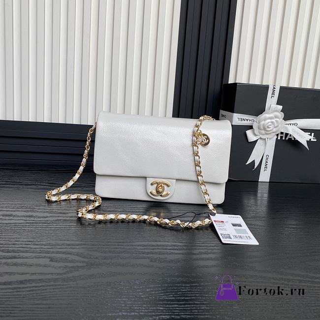 Fortok Chanel 24K Small Flap Bag Grain Shiny Calfskin White AS5186 15×23×8cm - 1
