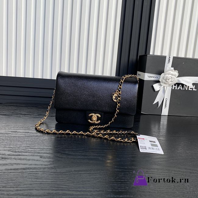 Fortok Chanel 24K Small Flap Bag Grain Shiny Calfskin Black AS5186 15×23×8cm - 1