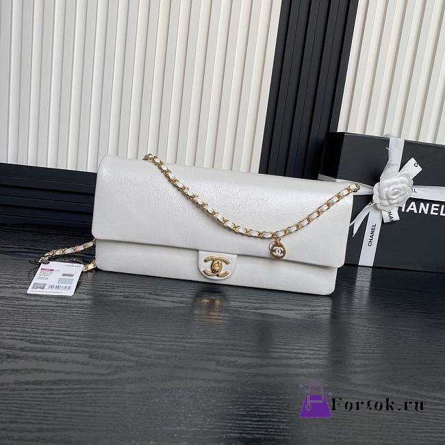 Fortok Chanel 24K Small Flap Bag Grain Shiny Calfskin White AS5182 15.5x32.5x5cm - 1