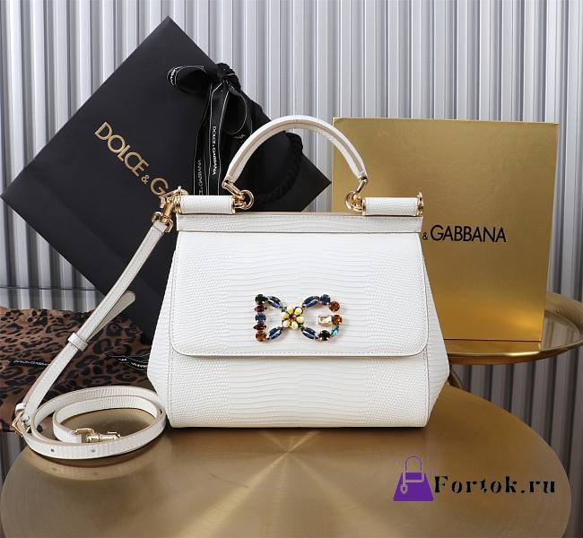 Fortok Dolce & Gabbans Calfskin Sicily Bag With Iguana Print White 20cm - 1