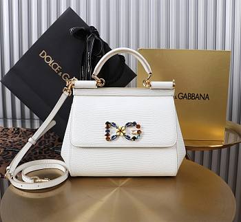 Fortok Dolce & Gabbans Calfskin Sicily Bag With Iguana Print White 20cm