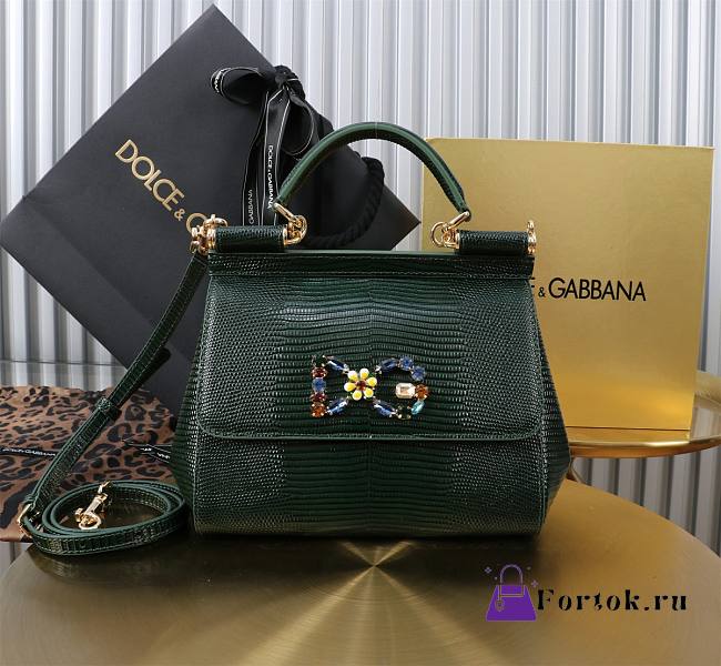 Fortok Dolce & Gabbans Calfskin Sicily Bag With Iguana Print Dark Green 20cm - 1