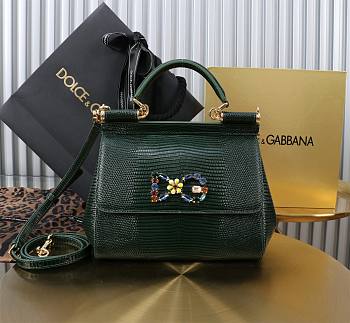 Fortok Dolce & Gabbans Calfskin Sicily Bag With Iguana Print Dark Green 20cm