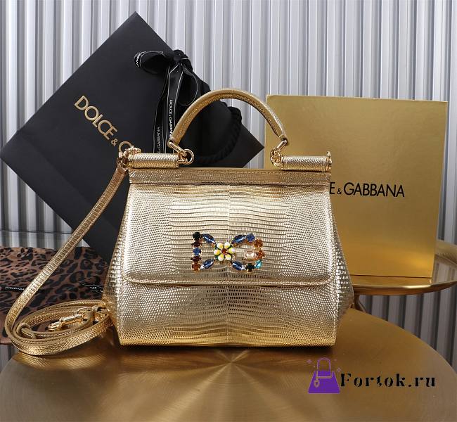 Fortok Dolce & Gabbans Calfskin Sicily Bag With Iguana Print Gold 20cm - 1