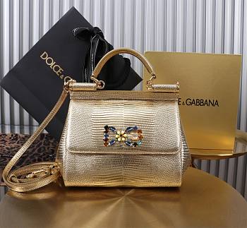 Fortok Dolce & Gabbans Calfskin Sicily Bag With Iguana Print Gold 20cm