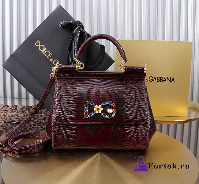 Fortok Dolce & Gabbans Calfskin Sicily Bag With Iguana Print Burgundy 20cm - 1