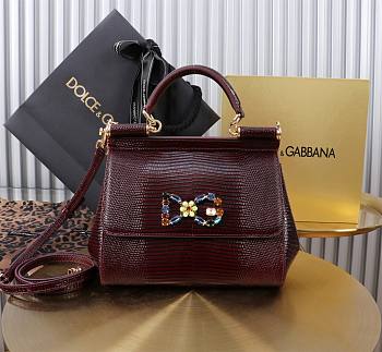 Fortok Dolce & Gabbans Calfskin Sicily Bag With Iguana Print Burgundy 20cm