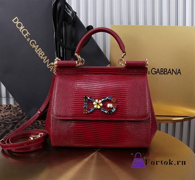 Fortok Dolce & Gabbans Calfskin Sicily Bag With Iguana Print Red 20cm - 1