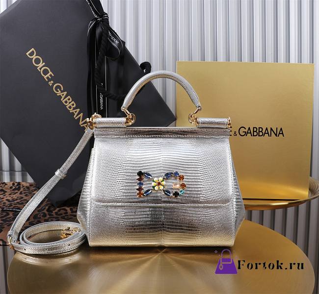 Fortok Dolce & Gabbans Calfskin Sicily Bag With Iguana Print Silver 20cm - 1