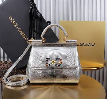 Fortok Dolce & Gabbans Calfskin Sicily Bag With Iguana Print Silver 20cm