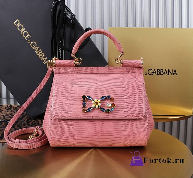 Fortok Dolce & Gabbans Calfskin Sicily Bag With Iguana Print Pink 20cm - 1