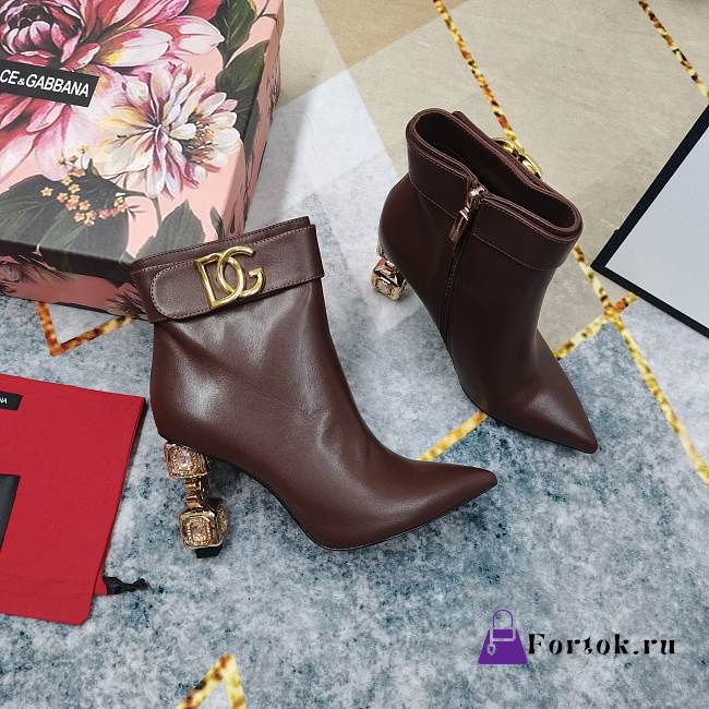 Fortok Dolce&Gabbana Rhinestone Heel Belt Buckle Ankle Boots Dark Brown - 1