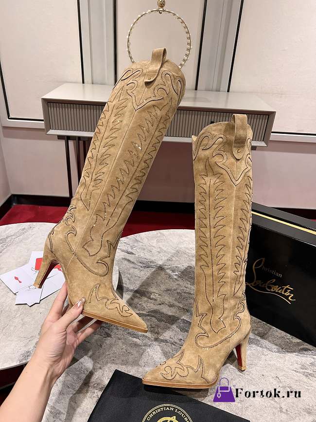Fortok Christian Louboutin Santia Botta Strass Long Boots Beige - 1