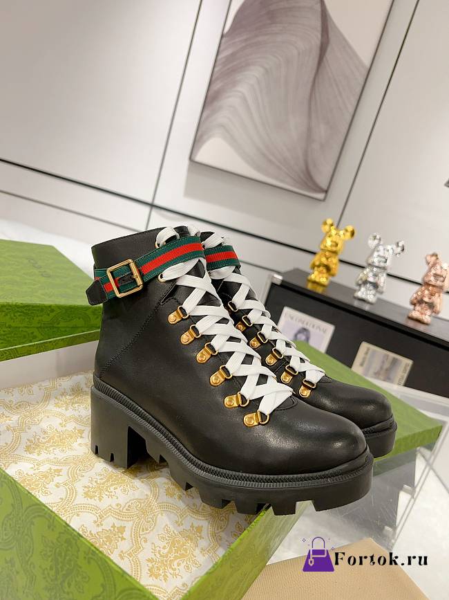 Fortok Gucci Calfskin Sylvie Web Lace Up Combat Boots Black - 1