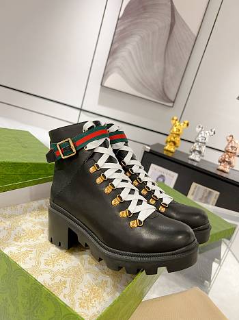 Fortok Gucci Calfskin Sylvie Web Lace Up Combat Boots Black