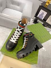 Fortok Gucci Calfskin Sylvie Web Lace Up Combat Boots Black - 5