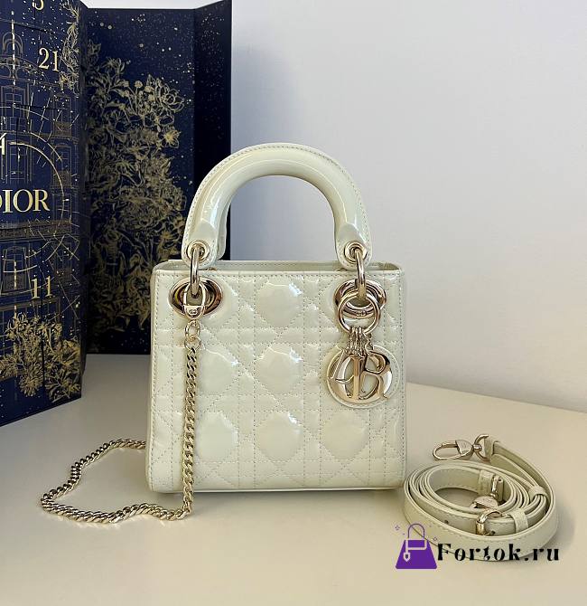 Fortok Dior Lady Bag White Patent Cannage Calfskin 17x7x15cm - 1
