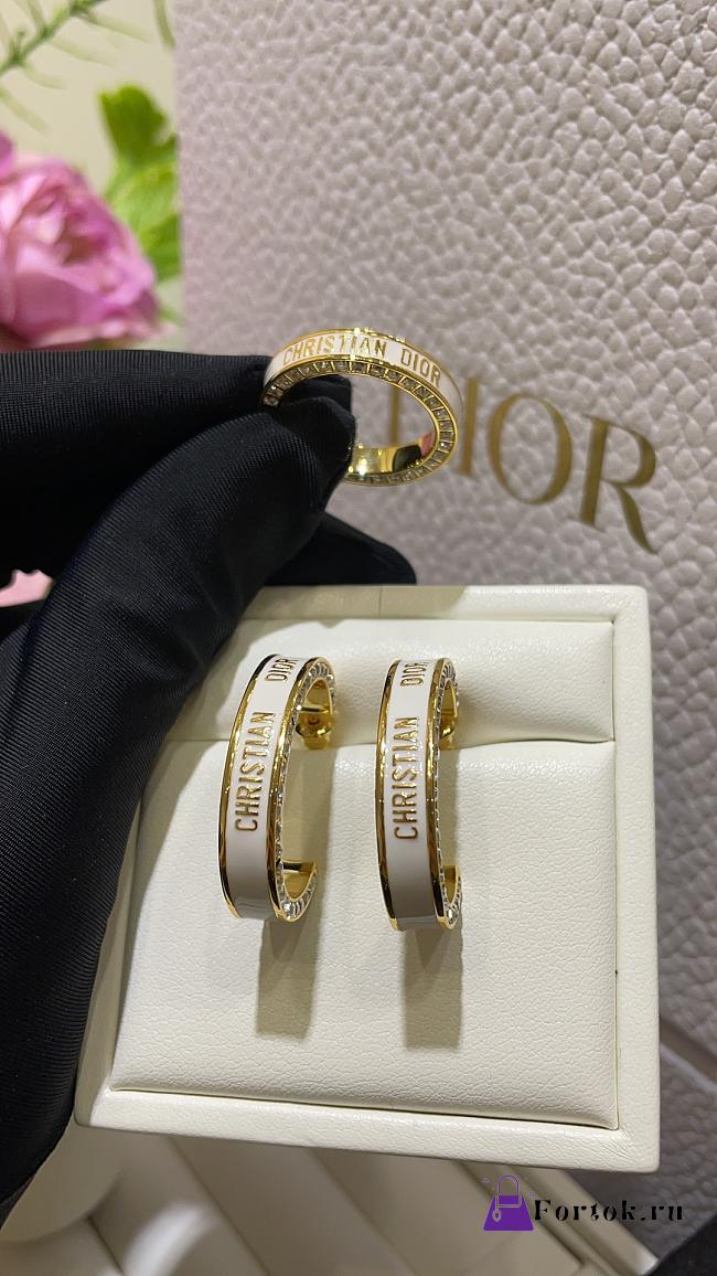 Fortok Dior Night Code White Enamel Gold Letter Row Diamond Earrings - 1