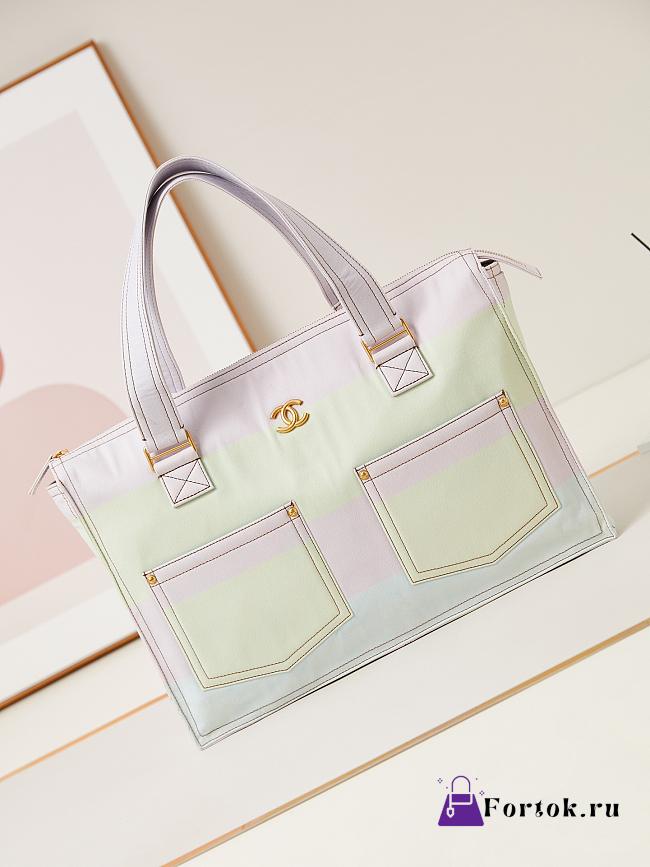 Fortok Chanel Shopping Bag Printed Denim Pink Ivory AS4719 30x45x9.5cm - 1