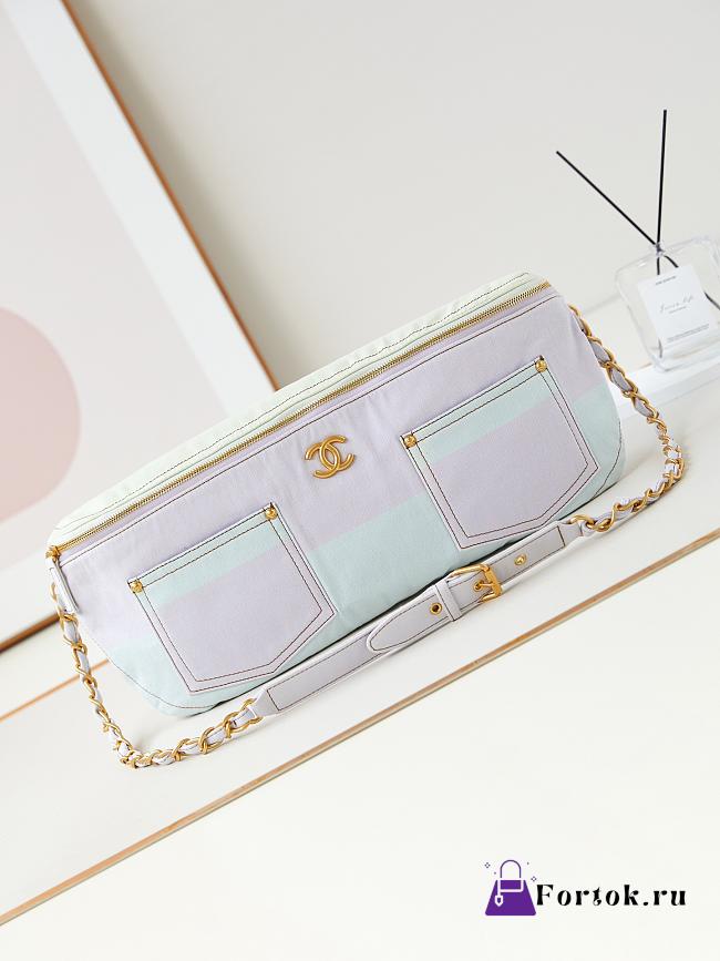 Fortok Chanel Waist Bag Printed Denim Pink Ivory AS4718 19x45x9cm - 1