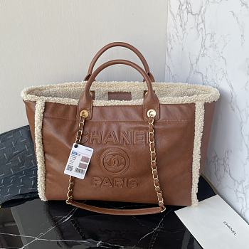Fortok Chanel Large Shopping Bag Lambskin Wool  Brown & Beige 38cm