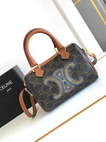 Fortok Celine Small Logo Printed Colorful Embroidered Cowhide Boston Bag 19.5x14x7cm