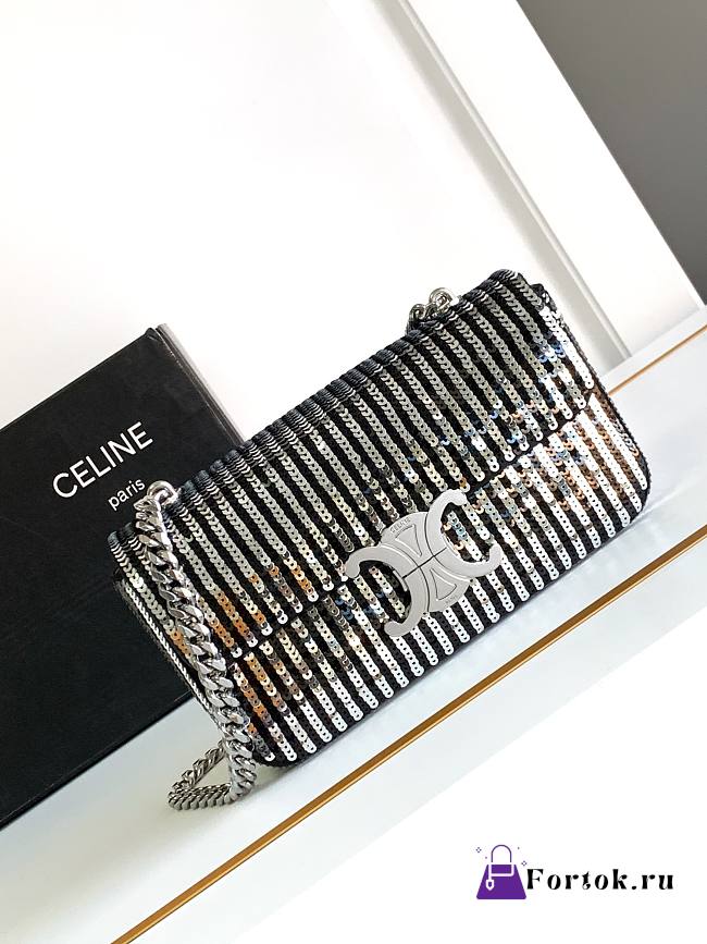 Fortok Celine Sequin Arc de Triomphe Chain Bag Black & Silver 197993 20.5x10.5x4cm - 1