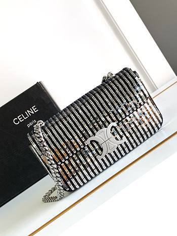 Fortok Celine Sequin Arc de Triomphe Chain Bag Black & Silver 197993 20.5x10.5x4cm