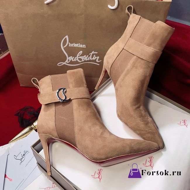 Fortok Christian Louboutin So Chelsea 85 Suede Ankle Pointy Toe Boots Beige - 1
