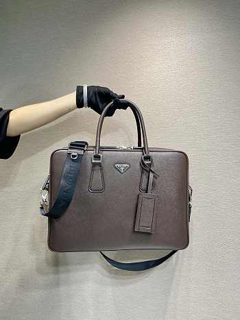 Fortok Prada Saffiano Brown Leather Briefcase 2VE022 38x28x6.5cm