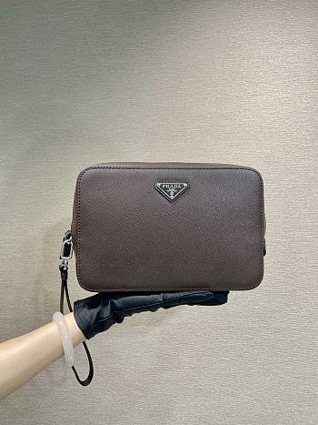 Fortok Prada Brown Saffiano Leather Clutch 2VF017 23.5x15.5x6.5cm