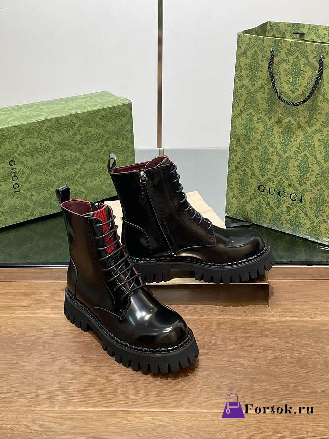Fortok Gucci Black Leather Lace-up Ankle Boots With Side Zip - 1