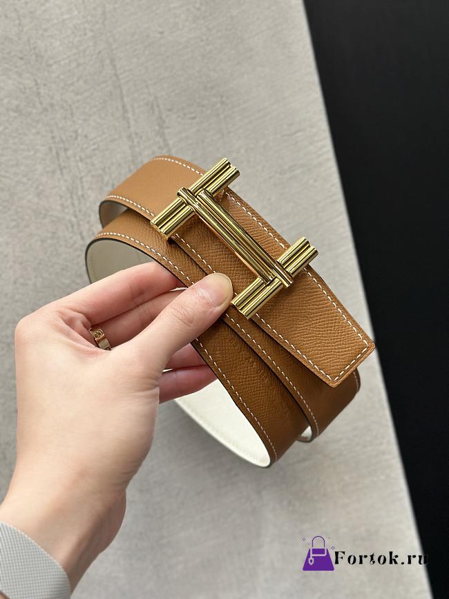 Fortok Hermes Brown & White Reversible Belt 38mm Gold Buckle/ Silver Buckle - 1