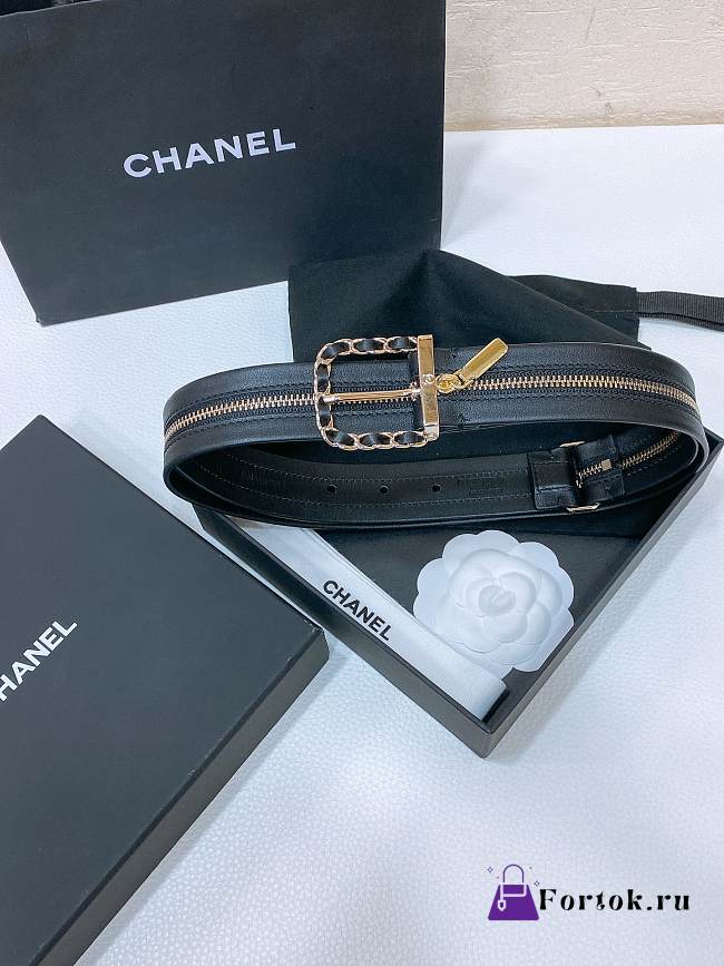 Fortok Chanel Zipper Black Calfskin Belt Gold Metal​ - 1