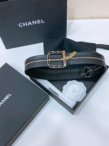 Fortok Chanel Zipper Black Calfskin Belt Gold Metal​