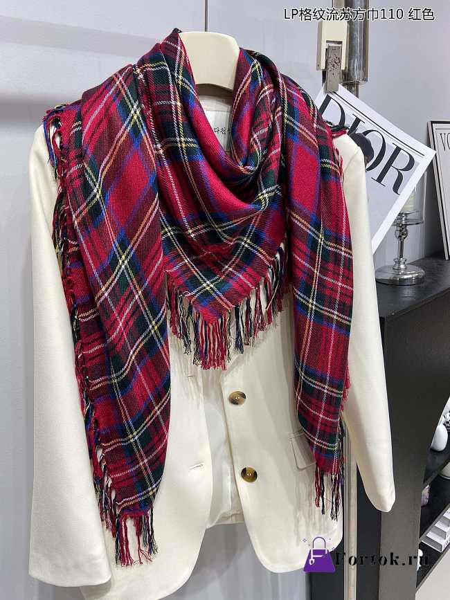 Fortok Loro piana Plaid Tassel Scarf Red 110x110cm - 1