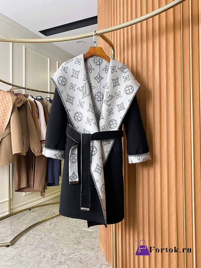 Fortok Louis Vuitton Hooded Casual Cashmere Wool Coat Black & White - 1