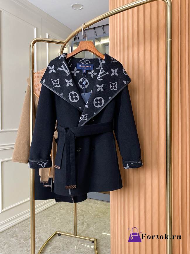 Fortok Louis Vuitton Hooded Casual Cashmere Wool Coat Black - 1