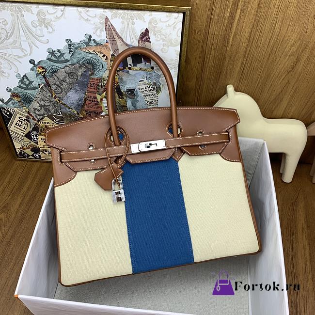 Fortok Hermes Birkin Canvas With Barenia Saddle Leather Golden Brown With Silver Buckle 35cm - 1