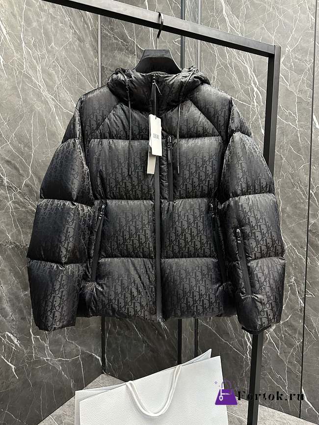 Fortok Dior CD Fabric Oblique Hooded Down Jacket Black  - 1