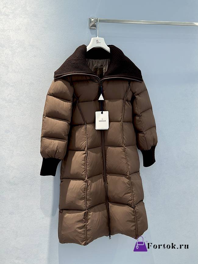 Fortok Moncler 24FW Large Lapel Stitching Knitted Long Down Jacket Brown - 1