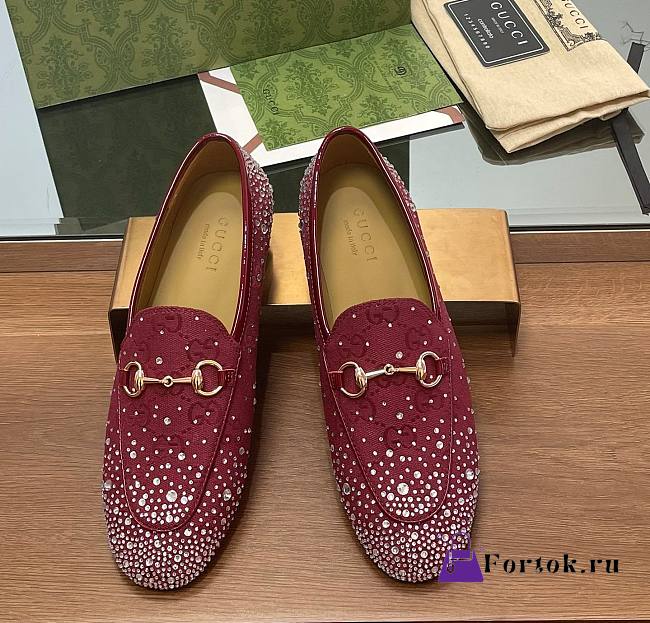 Fortok Gucci Jordaan Multi-faceted Crystal Diamond Loafers Red - 1