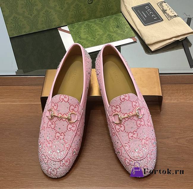 Fortok Gucci Jordaan Multi-faceted Crystal Diamond Loafers Pink - 1