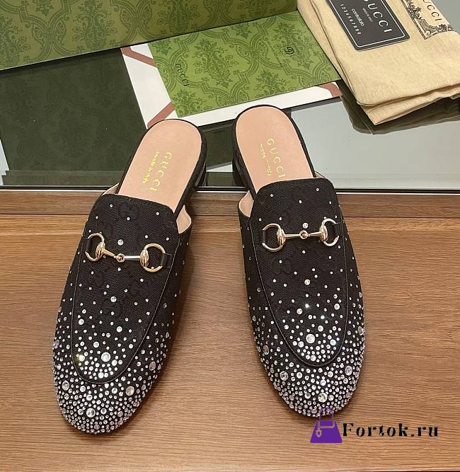 Fortok Gucci Jordaan Multi-faceted Crystal Diamond Slippers Black - 1