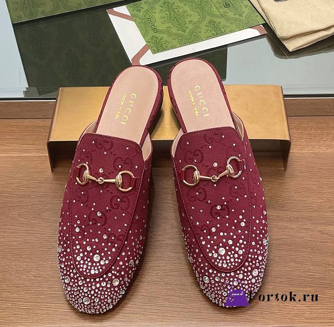 Fortok Gucci Jordaan Multi-faceted Crystal Diamond Slippers Red - 1