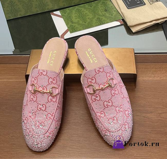 Fortok Gucci Jordaan Multi-faceted Crystal Diamond Slippers Pink - 1