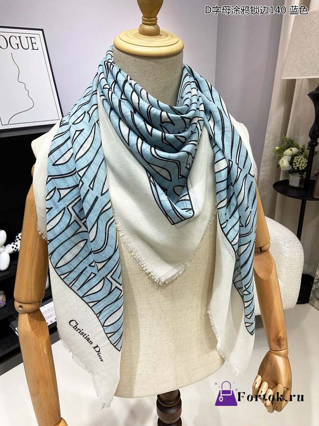 Fortok Dior Miss Dior Letter Graffiti Scarf White & Blue 140x140cm - 1