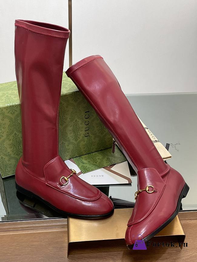 Fortok Gucci Horsebit Elastic High Boots Burgundy - 1