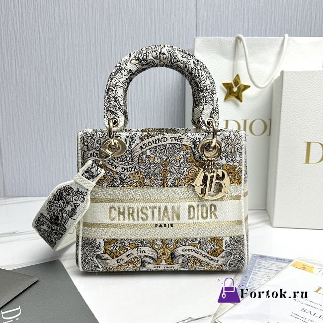 Fortok Dior Lady Lucky Star Embroidery Pattern Bag Yellow 24x20x11cm - 1